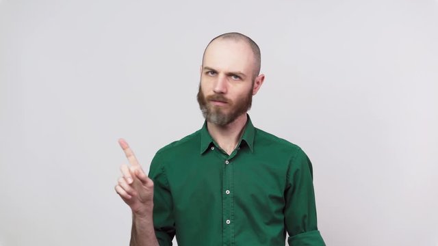Man showing refusal gesture no, shaking his head and finger. Serious bearded man is gesturing negatively with his finger raised isolated over white background.