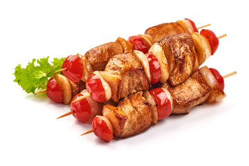 Roasted pork kebab. Grilled meat skewers and vegetables BBQ, isolated on white background