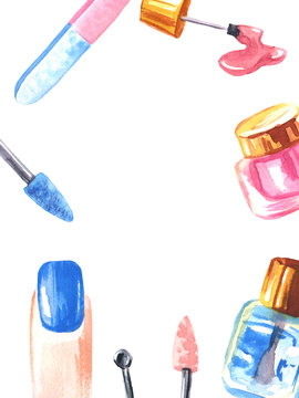  watercolor set manicure, beauty salon, nails, nail polish, frieze, drip brushes on an isolated white background