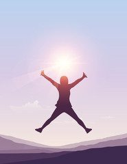 Fototapeta na wymiar happy girl jumps at sunny summer sky background vector illustration EPS10
