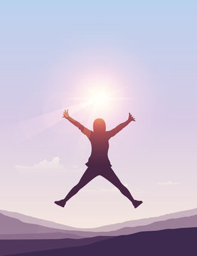 happy girl jumps at sunny summer sky background vector illustration EPS10