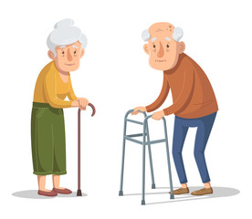 Couple of old people is standing with a walking frame and stick. Vector illustration.