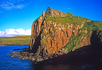 The impressive ruined castle Duntulm in the noth of the Island of Skye in the highlands of Scotland