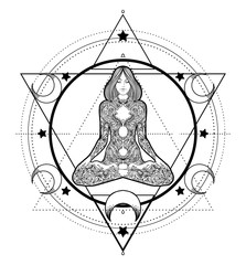 Woman ornate silhouette sitting in lotus pose and Sacred Geometry. Ayurveda symbol of harmony and balance. Tattoo design, yoga logo. poster, t-shirt textile. Anti stress book. Isolated vector.