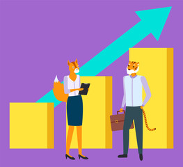 Tiger and fox brokers, man and woman hipster animals isolated growing chart with arrow. Vector collaboration of hipster animals, cartoon style managers