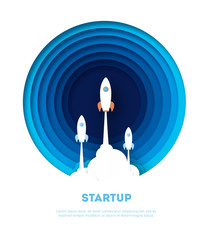 startup business, flat design illustration, rocket,paper cut style, vector illustration with flying rocket, space travel to the moon, project start up and development process.