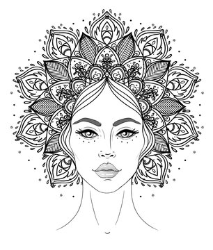 Tribal Fusion Boho Diva. Beautiful Asian divine girl with ornate crown, kokoshnik inspired. Bohemian goddess. Hand drawn elegant illustration. Lotus flower, ethnic art, patterned Indian paisley.