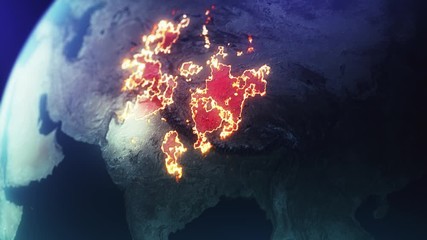 a shot from space for planet earth focusing on china region as we see a plague. infection or corona virus spreading across the land visualized in a fire effect the disease spreading across china, - Powered by Adobe
