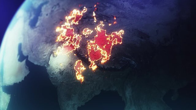 a shot from space for planet earth focusing on china region as we see a plague. infection or corona virus spreading across the land visualized in a fire effect the disease spreading across china,