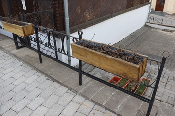 wooden box for flowers in italian yard