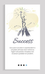 Success of businessman vector, person standing on top of mountain with innovative idea and concept, male working hard for achievements text. Website or web page template, landing page flat style