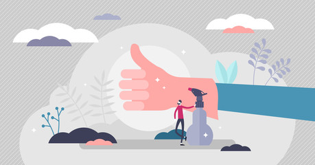 OK glove hand vector illustration. Covid-19 protection tiny persons concept