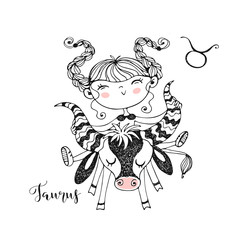 Zodiac sign Taurus. Funny children's horoscope in Doodle style. Vector.