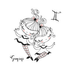 Zodiac sign Gemini. Funny children's horoscope in Doodle style. Vector