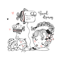 A cute girl with balloons in the form of fish fell asleep with a cat. Vector.