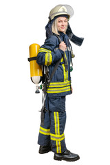 Young woman firefighter wearing uniform and helmet with Breathing Air Cylinder Assembly and Full...
