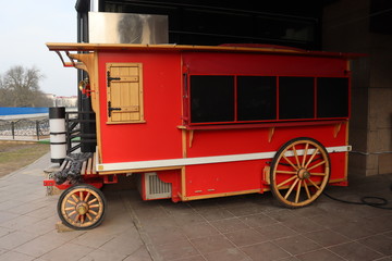 red vintage vehicle at european street