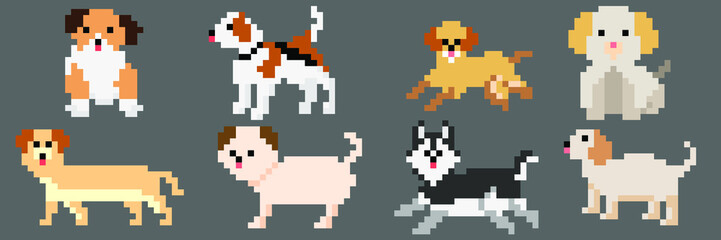 pixel dog vector illustration flat design on gray background.