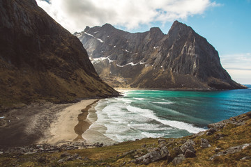 Naklejka premium Norway mountains and landscapes on the islands Lofoten. Natural scandinavian landscape. Place for text or advertising