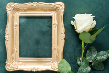The place for the text in a gold frame, decorated with a white rose, is located on green velvet. Concept backgrounds for wedding dates, texts, romantic backgrounds.