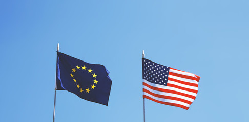flags of Europe and United States of America next to each other - EU and USA - obrazy, fototapety, plakaty
