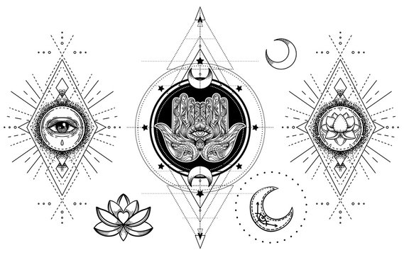 Geometric Celestial Half Moon Illustration Set Mystical Lunar