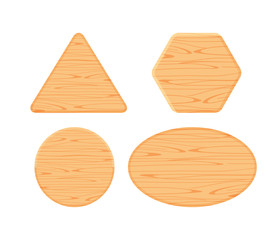 wooden plank different collection isolated on white background, hexagon wood shape, wooden triangle, circle wood shaped plank light brown, wooden ellipse or oval panel, wood shape for sign decoration