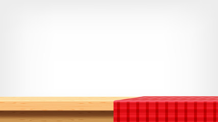 wood plank and red tablecloth front view and copy space, empty table top and tablecloth, red checkered cloth on wood plank for background, tablecloth on tabletop, fabric on wooden table and grey wall