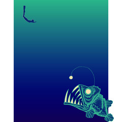 Fototapeta premium vector poster - image of diver and deep sea anglerfish