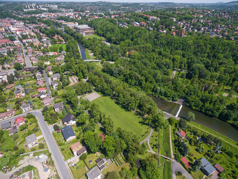 Aerial view from Cesky Tesin to Cieszyn with peasant bridge over river Olse. Border between Czech republic and Poland.