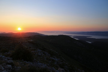 Landscape of Paklinski islands, view from St. Nikola peak, highest peak of Hvar island, Croatia 