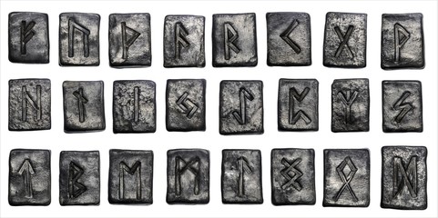 24 black pottery Norse runes isolated on white background