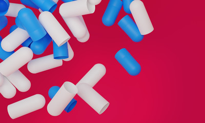 Capsule medicine pills, health pharmacy concept. Drugs for treatment medication. Heap of blue white color capsules on pink background. 3d illustration