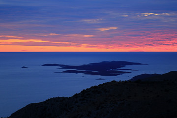 Landscape of Paklinski islands, view from St. Nikola peak, highest peak of Hvar island, Croatia 