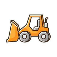 Naklejka premium Bulldozer RGB color icon. Road works industrial truck. Dozer for ground loading. Excavator for construction. Agricultural transport. Machinery with large shovel. Isolated vector illustration
