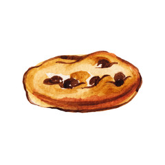 Watercolor hand drawn american cookies with chocolate chips illustration isolated on white background. Side view.