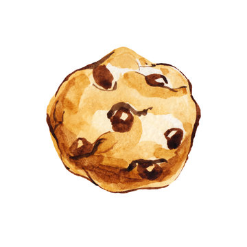 Watercolor hand drawn american cookies with chocolate chips illustration isolated on white background. Top view.