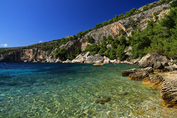 Fototapeta na wymiar Beach and coastline in Zavala village, Hvar island, Croatia