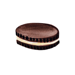 Watercolor hand drawn american oreo cookies illustration isolated on white background. Side view.