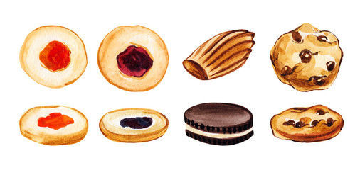 Watercolor hand drawn different cookies illustration isolated on white background.