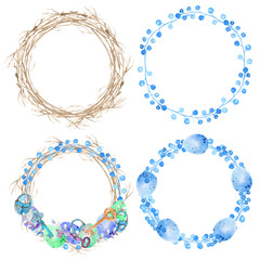 Set of four easter wreaths with easter eggs, and keys, with spring twigs drawn in watercolor on a white background. aster eggs with circle decorations with watercolor dots.