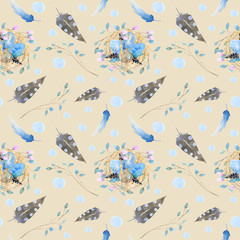 Seamless pattern with watercolor drawings of a nest with bird eggs, twigs and feathers on a beige background. Easter background for decor.