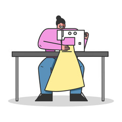 Concept Of Clothes Design, Textile Sewing Factory. Designer Is Working In Handmade Fashion Atelier. Dressmaker Sew Dress On A Sewing Machine. Cartoon Linear Outline Flat Style. Vector Illustration