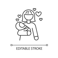 Babylover pixel perfect linear icon. Parenthood and motherhood. Woman for babysitting. Thin line customizable illustration. Contour symbol. Vector isolated outline drawing. Editable stroke