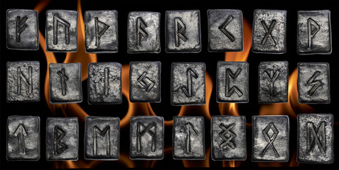 24 black pottery Norse runes isolated on fire background
