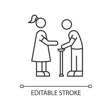 Senior care pixel perfect linear icon. Elder person with cane. Social worker help old man. Thin line customizable illustration. Contour symbol. Vector isolated outline drawing. Editable stroke