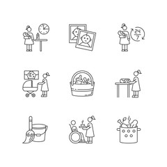 Babysitter service pixel perfect linear icons set. Around clock babysitting. Household duty. Customizable thin line contour symbols. Isolated vector outline illustrations. Editable stroke