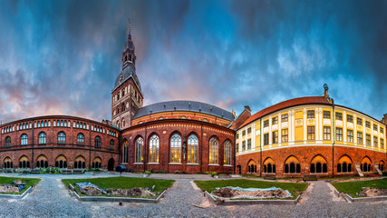 Riga Dome cathedral inner courtyard during sunset time