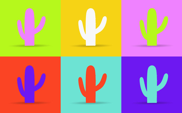 Pop art style cactus vector pattern on multiple and repeated colorful psychedelic background.