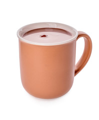 Cup of hot chocolate on white background